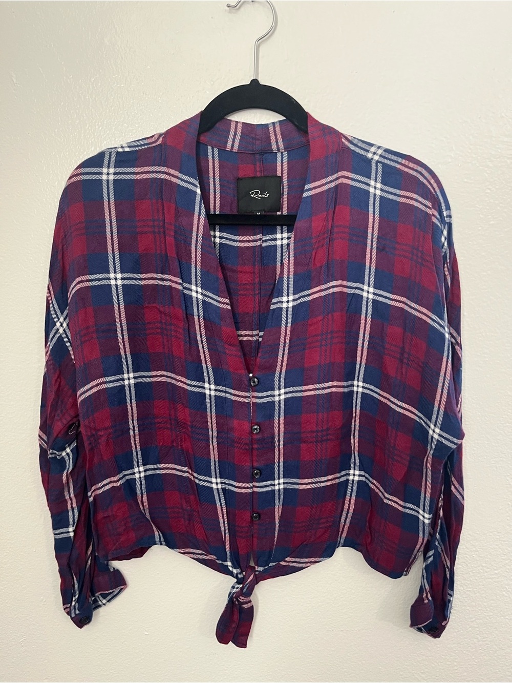 Rails Plaid Button-Front Tie Hem Top
